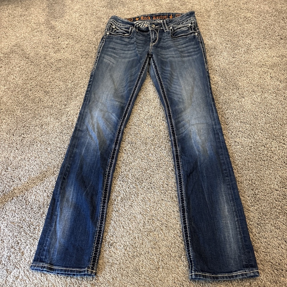 Rock Revival Blue Scarlett Straight Leg Jeans With Crystal Flap Pockets 30x32